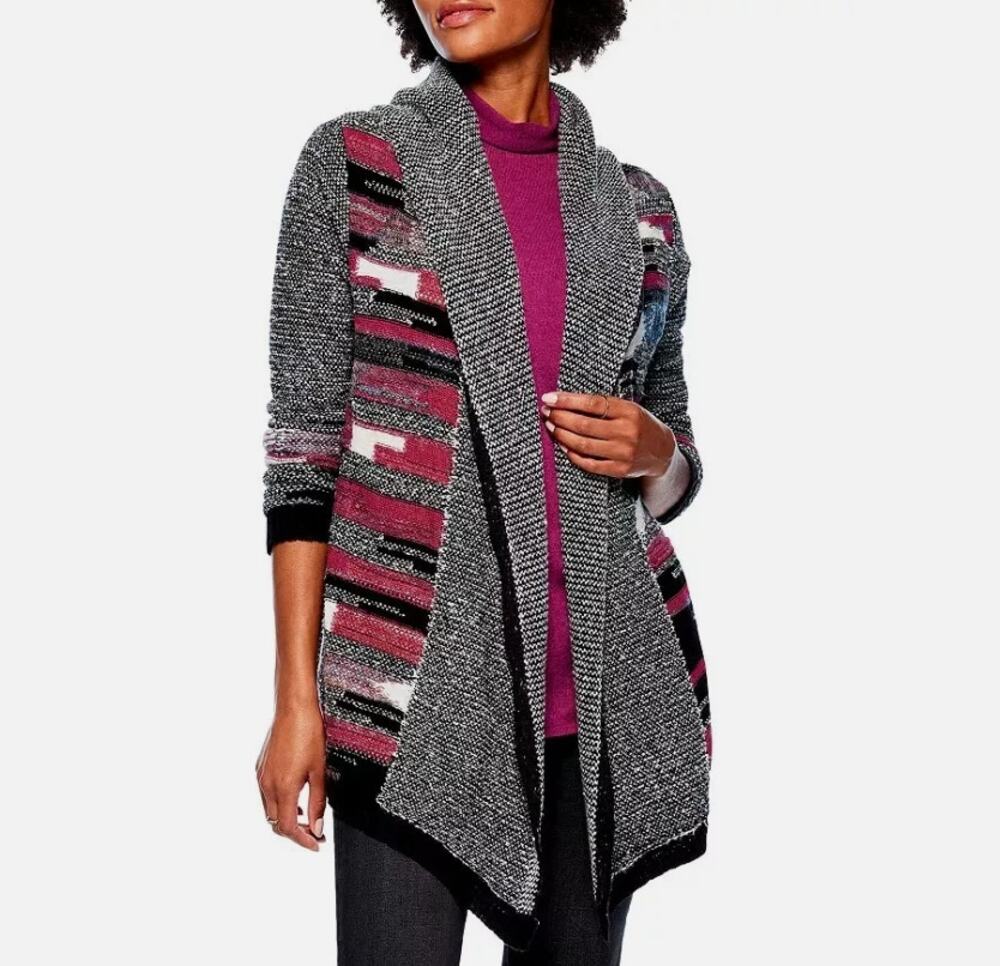 NIC + ZOE Orchard Hooded Cardigan Sweater Waterfall Hem Black Multicolor Size L